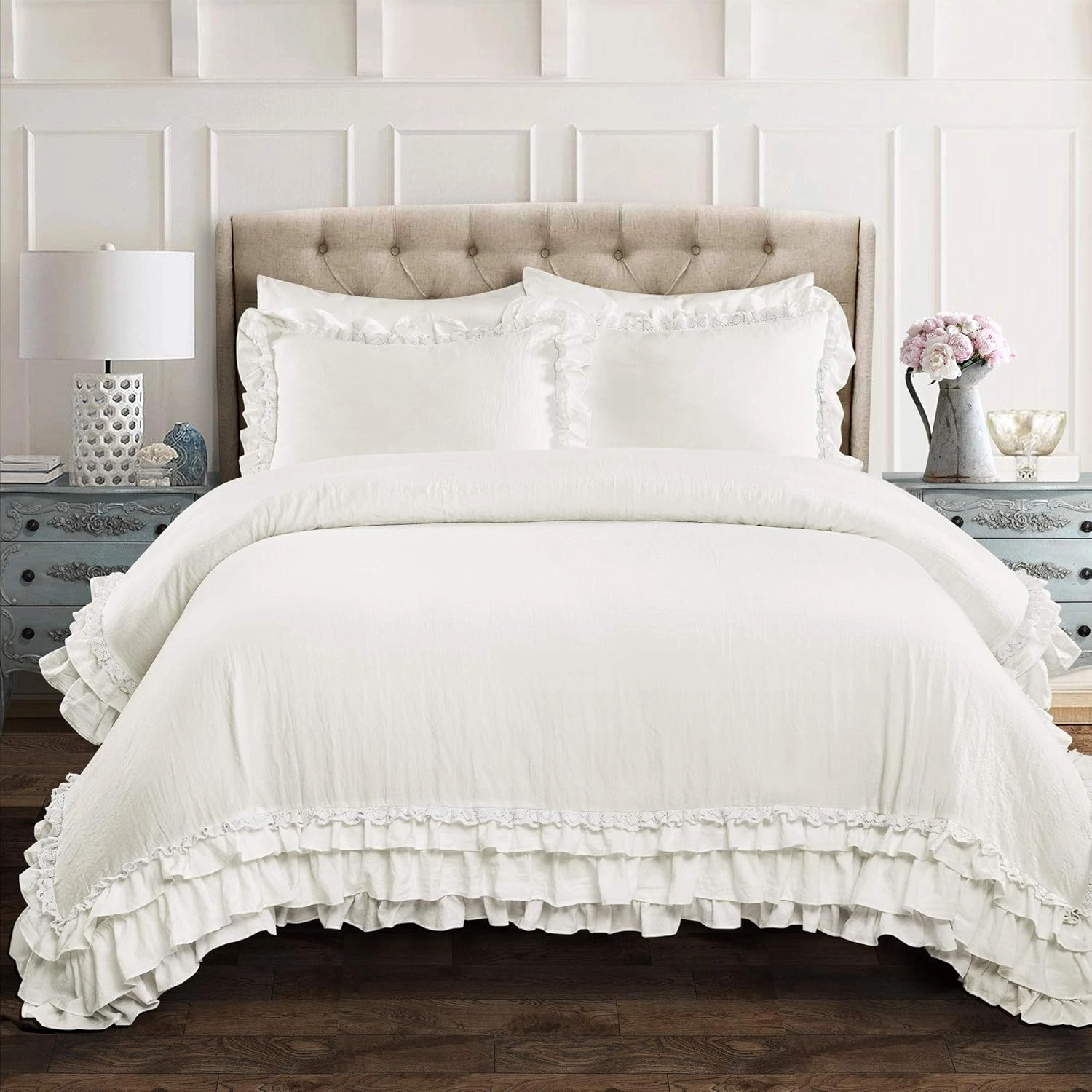 Lush Decor - Comforter Set, Luxurious Bedding with Matching Shams, Ruffle Lace Design, Shabby Chic Room Decor (Ella White, Full/Queen)