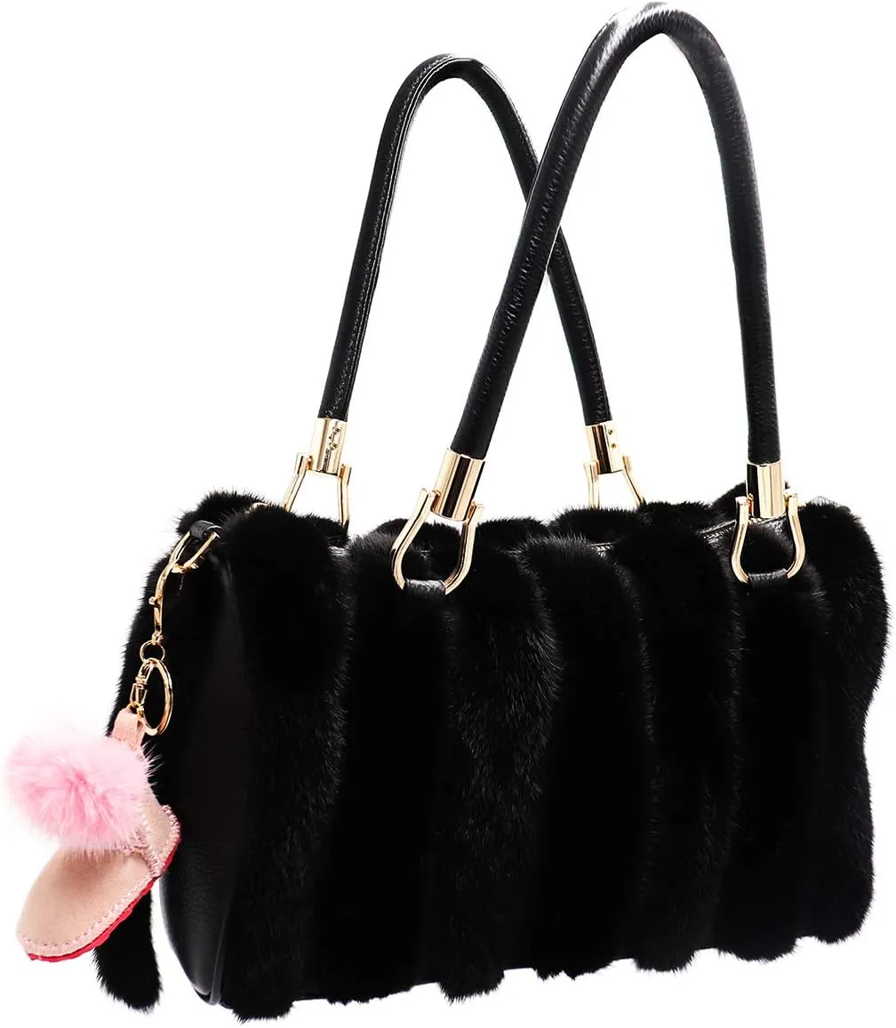 Luxury Shearling Winter Boot Keychain with Genuine Mink Fur - Bag Purse Charm - Fluffy Fur Ball - Fashion Gift