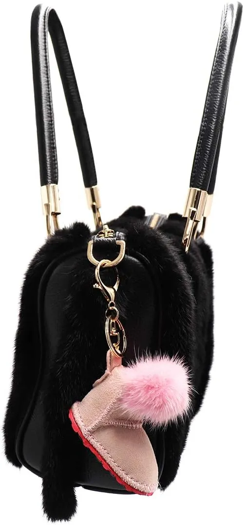 Luxury Shearling Winter Boot Keychain with Genuine Mink Fur - Bag Purse Charm - Fluffy Fur Ball - Fashion Gift
