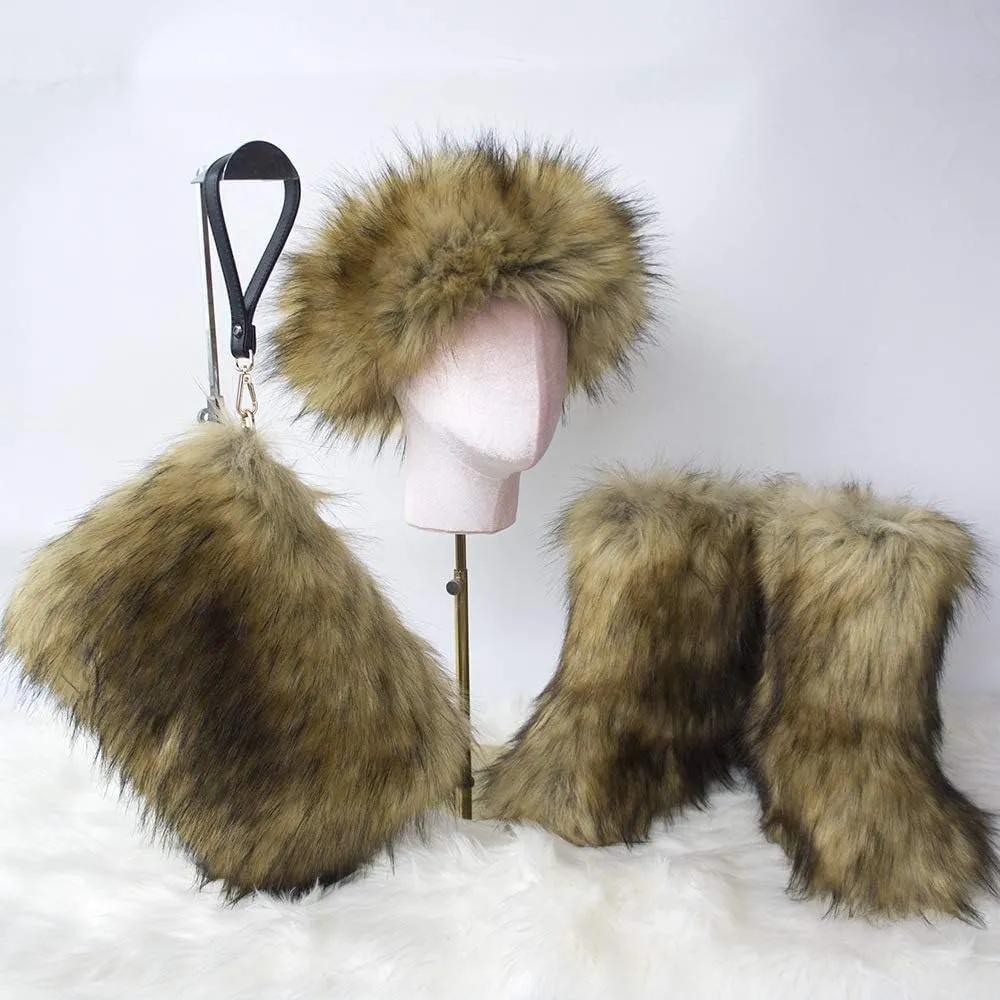 LVCOMEFF Women Faux Fur Snow Boot with Fur Lining Handbag Headband 3 Packs Pieces Set Winter Warm Outwear Furry Fluffy