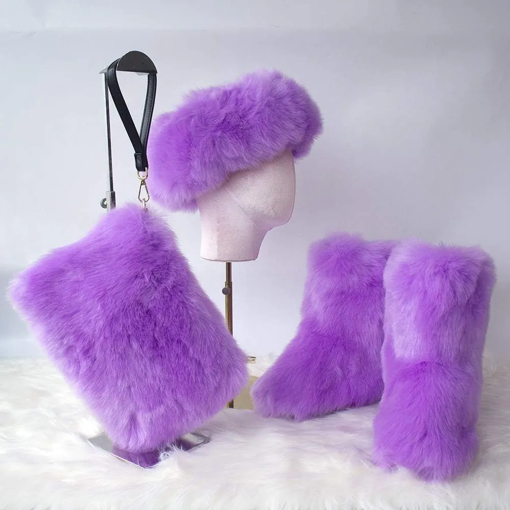 LVCOMEFF Women Faux Fur Snow Boot with Fur Lining Handbag Headband 3 Packs Pieces Set Winter Warm Outwear Furry Fluffy