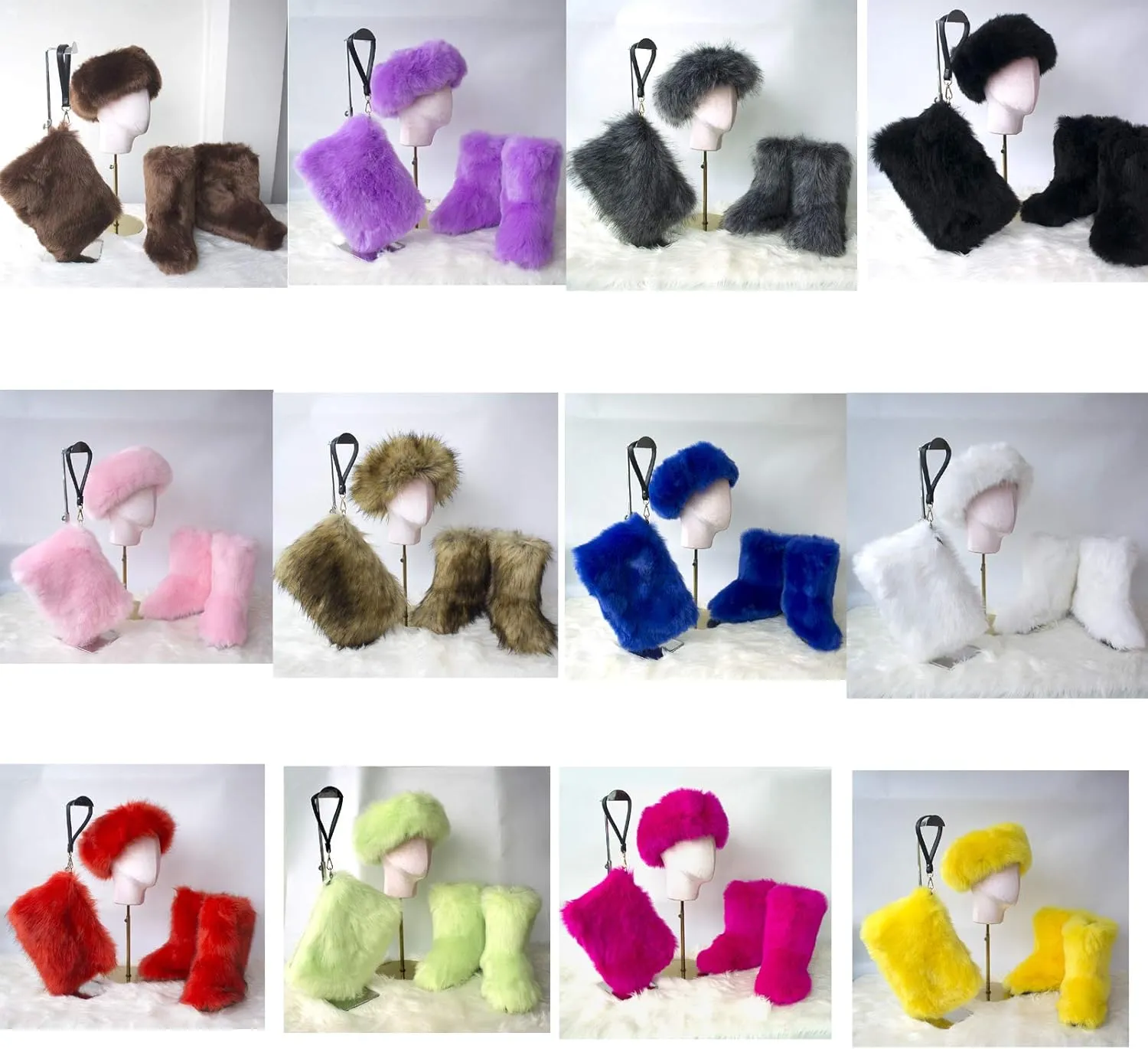 LVCOMEFF Women Faux Fur Snow Boot with Fur Lining Handbag Headband 3 Packs Pieces Set Winter Warm Outwear Furry Fluffy