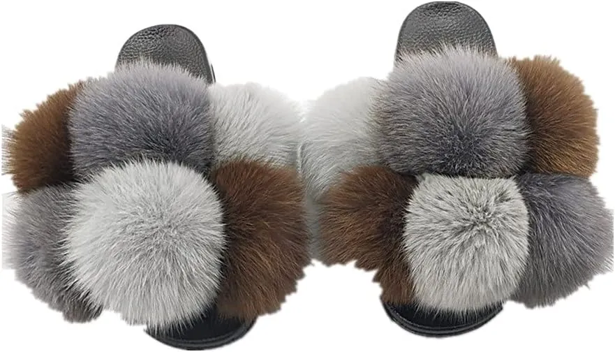 LVCOMEFF Women Real Fox Fur Sandals Fur Pom Poms Slides Slippers Summer Fluffy Outdoor Ball Plus Size