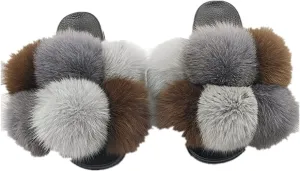 LVCOMEFF Women Real Fox Fur Sandals Fur Pom Poms Slides Slippers Summer Fluffy Outdoor Ball Plus Size
