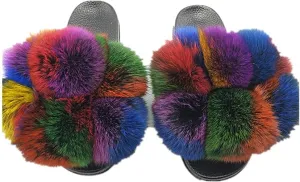 LVCOMEFF Women Real Fox Fur Sandals Fur Pom Poms Slides Slippers Summer Fluffy Outdoor Ball Plus Size