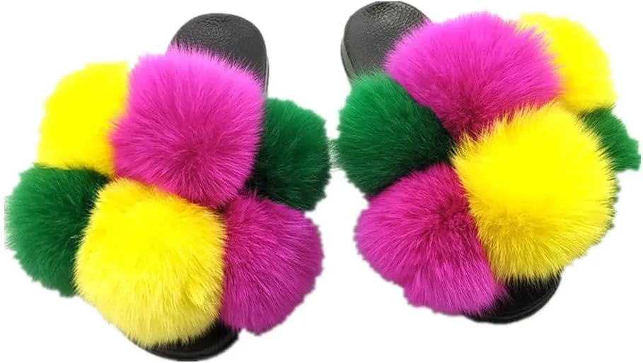 LVCOMEFF Women Real Fox Fur Sandals Fur Pom Poms Slides Slippers Summer Fluffy Outdoor Ball Plus Size