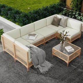 LYNSLIM 7 Piece Outdoor Patio Furniture Set, Wicker Outdoor Sectional Furniture Set, Boho Patio Conversation Sectional Sofa with Large Tempered Glass Coffee Table and Waterproof Cushion for Backyard