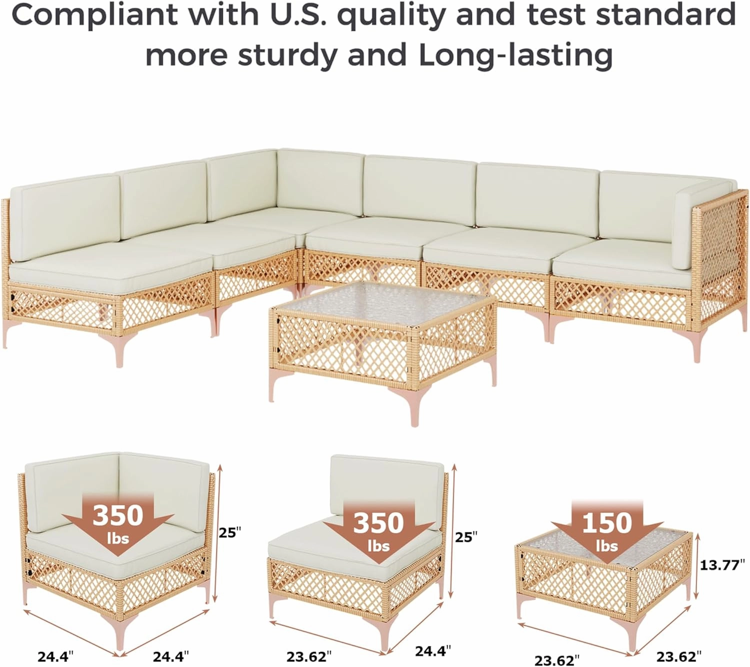 LYNSLIM 7 Piece Outdoor Patio Furniture Set, Wicker Outdoor Sectional Furniture Set, Boho Patio Conversation Sectional Sofa with Large Tempered Glass Coffee Table and Waterproof Cushion for Backyard