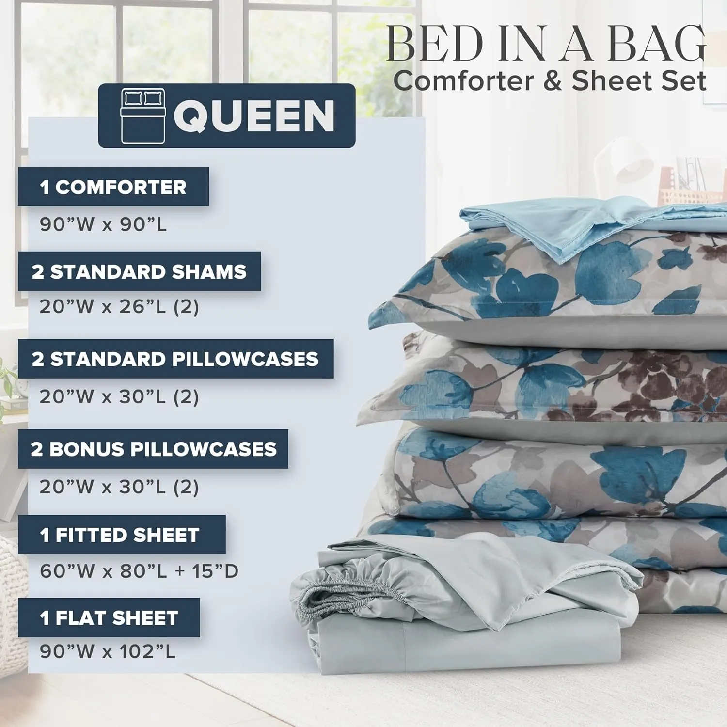 Madison Park Queen Comforter Set with Sheets, Floral Bed in A Bag Soft Microfiber Comforter for Queen Size Bed, All Season Lightweight Comforters Queen Bed Set, Alexis, 9 Piece Blue