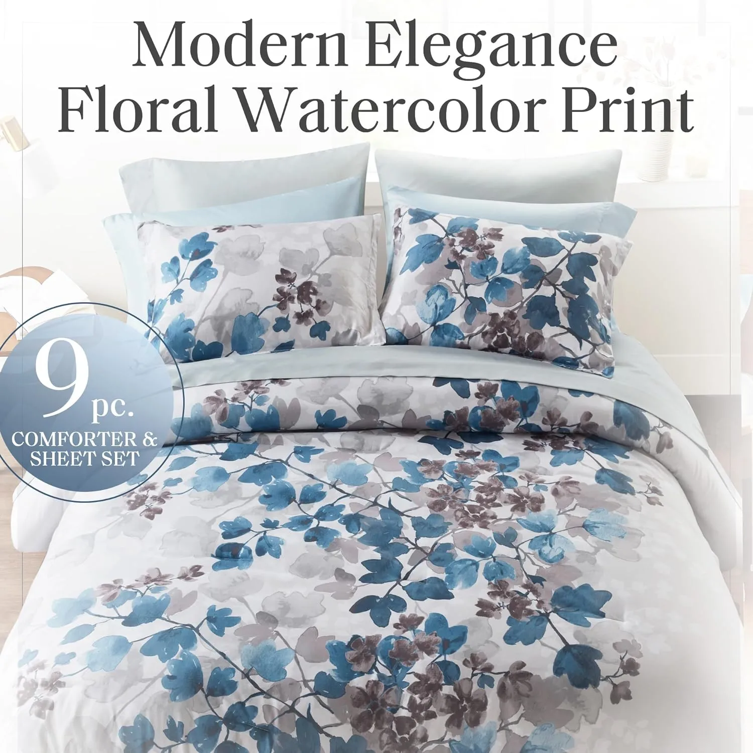 Madison Park Queen Comforter Set with Sheets, Floral Bed in A Bag Soft Microfiber Comforter for Queen Size Bed, All Season Lightweight Comforters Queen Bed Set, Alexis, 9 Piece Blue