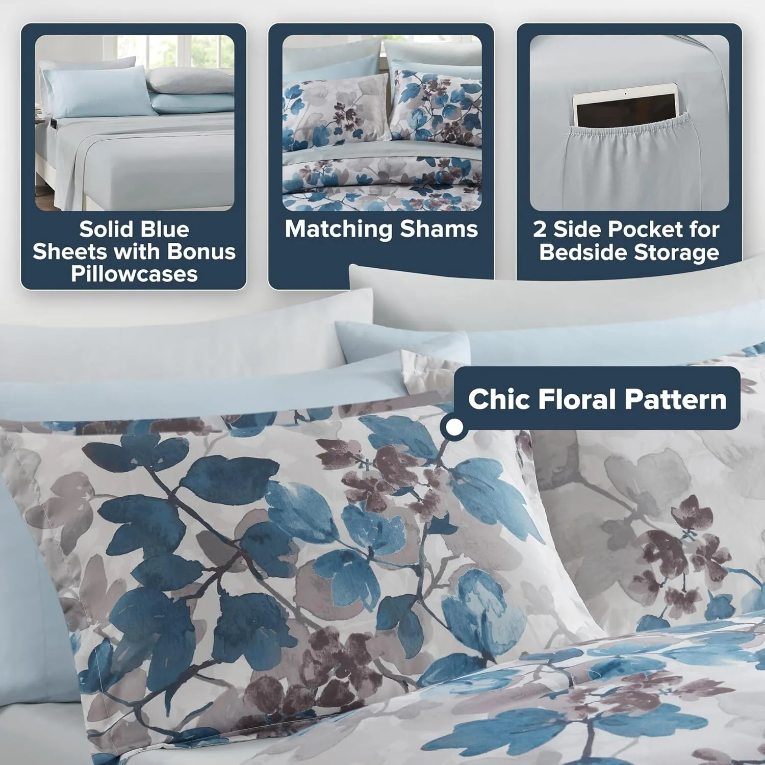 Madison Park Queen Comforter Set with Sheets, Floral Bed in A Bag Soft Microfiber Comforter for Queen Size Bed, All Season Lightweight Comforters Queen Bed Set, Alexis, 9 Piece Blue