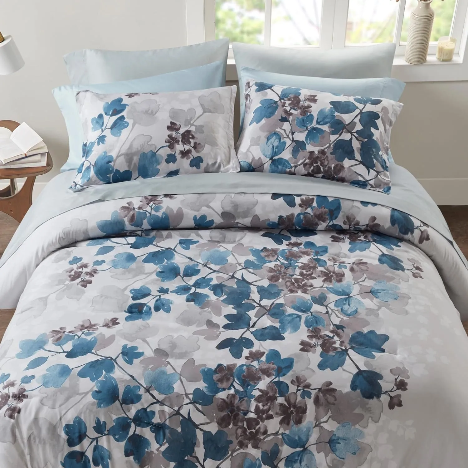 Madison Park Queen Comforter Set with Sheets, Floral Bed in A Bag Soft Microfiber Comforter for Queen Size Bed, All Season Lightweight Comforters Queen Bed Set, Alexis, 9 Piece Blue