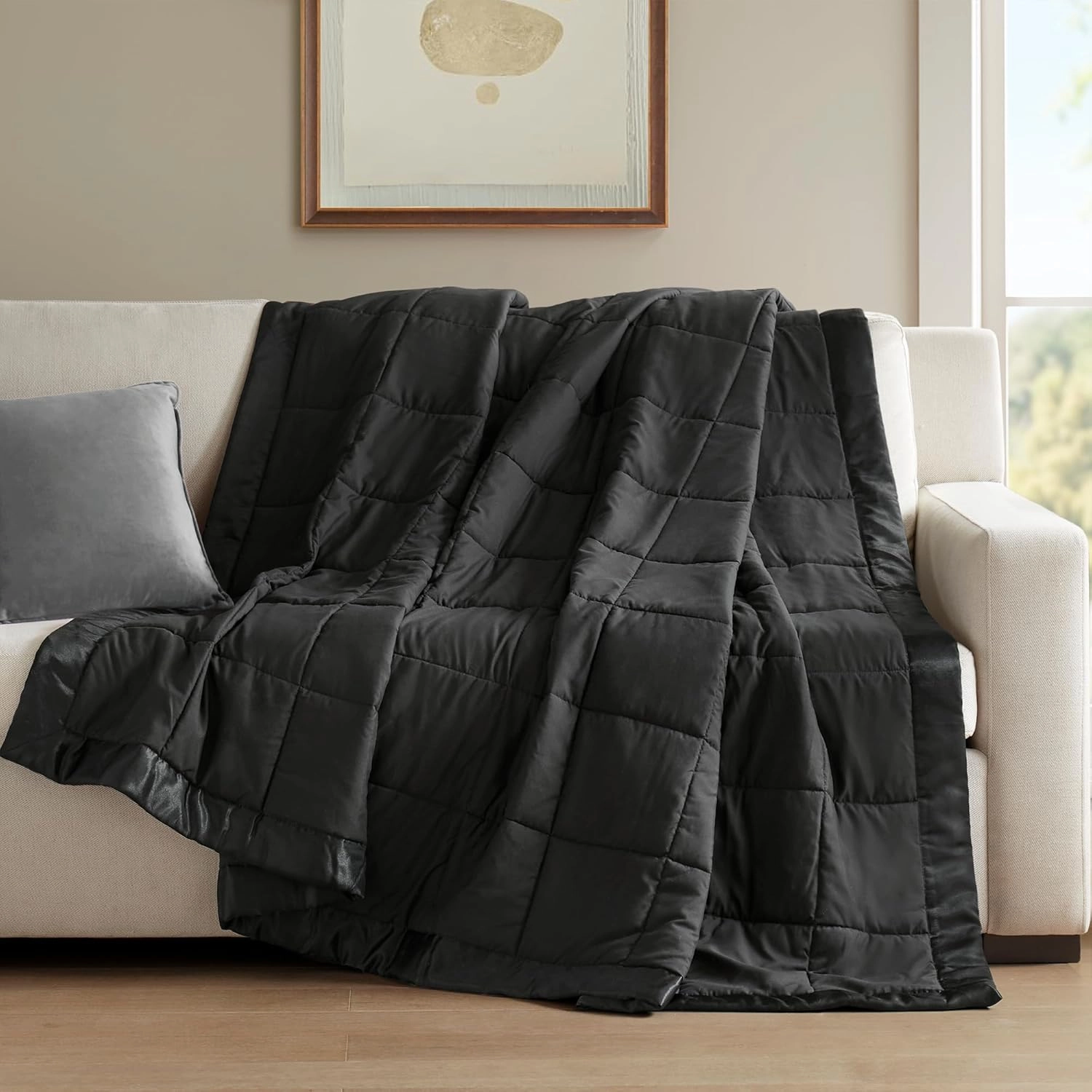 Madison Park King Size Blanket Ultra-Soft Microfiber Blanket King Size, Box Quilting with Satin Binding, All Season & Lightweight King Summer Blanket for Bed, Couch & Sofa, King, Balck