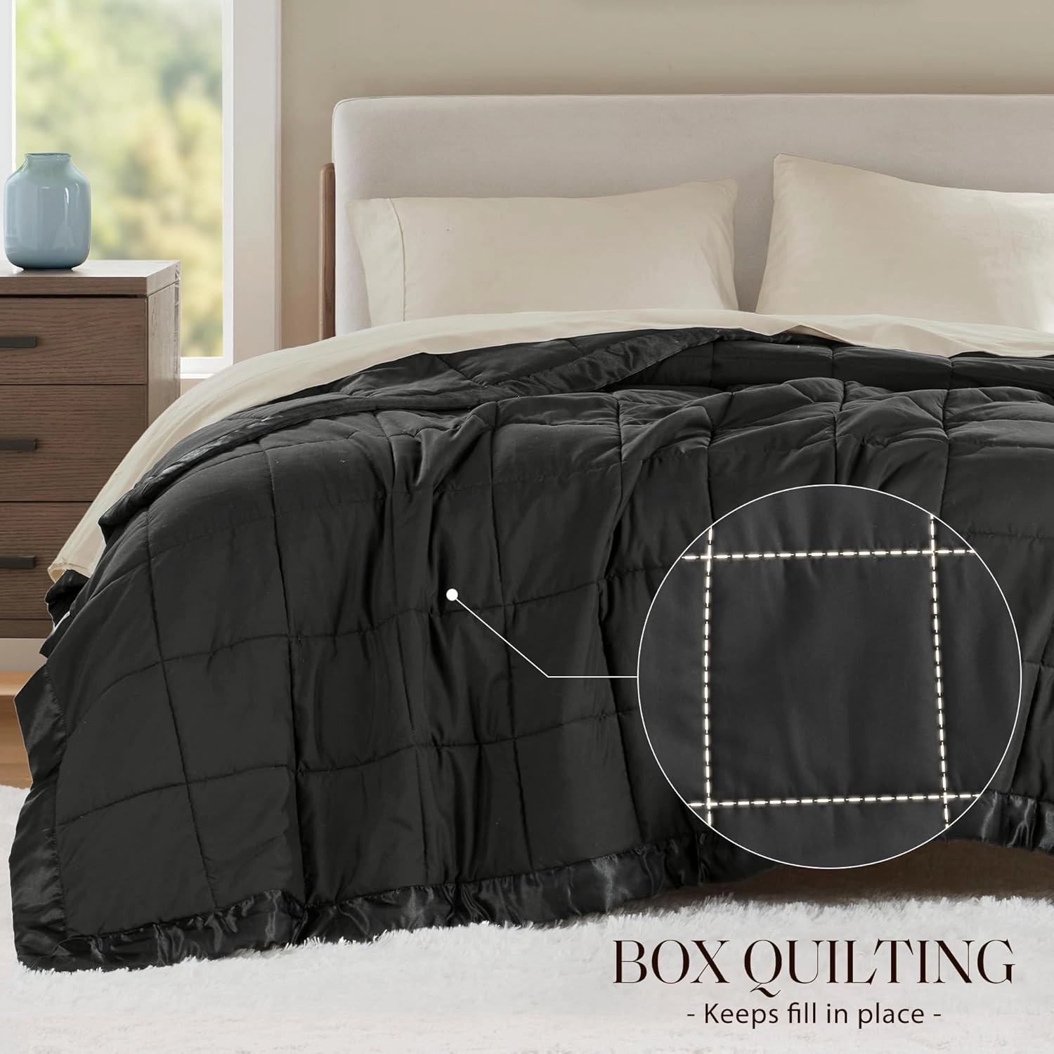 Madison Park King Size Blanket Ultra-Soft Microfiber Blanket King Size, Box Quilting with Satin Binding, All Season & Lightweight King Summer Blanket for Bed, Couch & Sofa, King, Balck