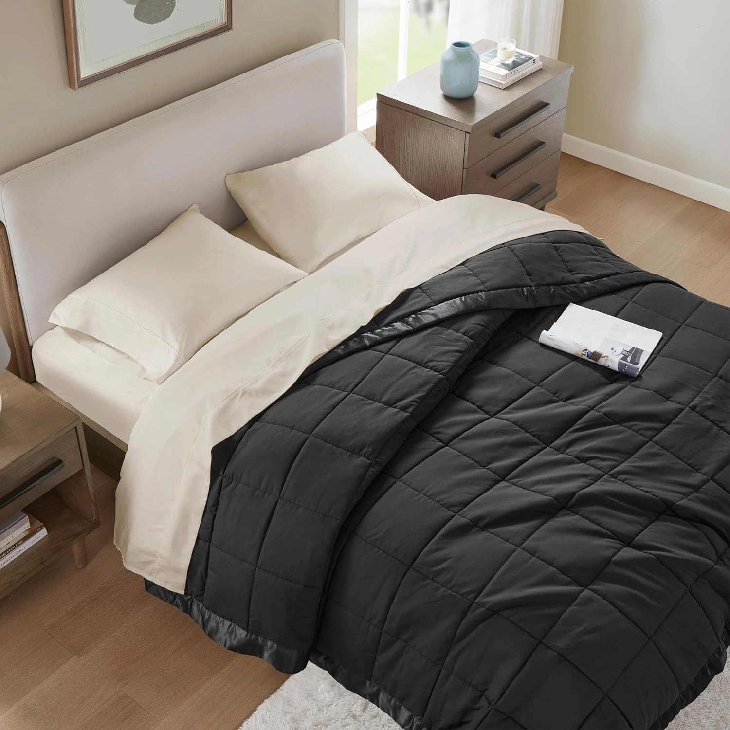 Madison Park King Size Blanket Ultra-Soft Microfiber Blanket King Size, Box Quilting with Satin Binding, All Season & Lightweight King Summer Blanket for Bed, Couch & Sofa, King, Balck