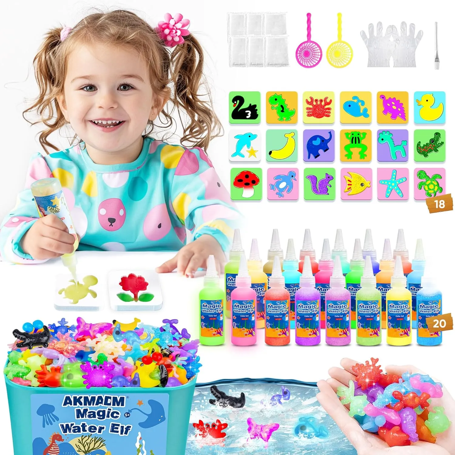 Magic Water Elf Toy Kit, 20 Colors Water Gel Kit for Kids, 60ml Water Elf Set with 18 Shape Molds, Handmade Water Toy, Creative Magic Aqua Toys, Children's DIY Aqua Marine Life(20 Colors)