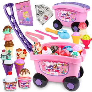 Magic4U Ice Cream Cart Toys for Kids, 48 Piece Ice Cream Shop Pretend Play Set with Scooper, Toppings and Other Scoop and Serve Toys for 3 4 5 6 Years Old Girls Gifts