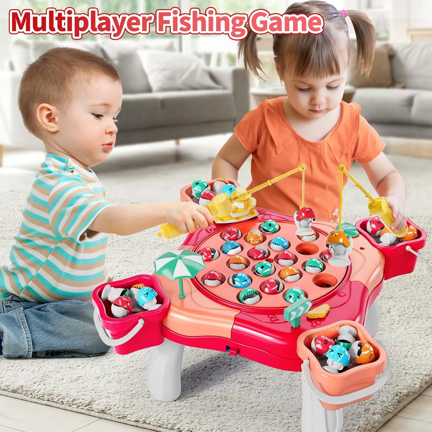 Magnet Fishing Game for Kids Toddlers Aged 3 4 5 6 7 8 - Fishing Toys with 48 Fishes Toys, 8 Poles, Rotating Board Game with On-Off Music, Educational Birthday Gifts for Boys Girls 1-3 (Pink)