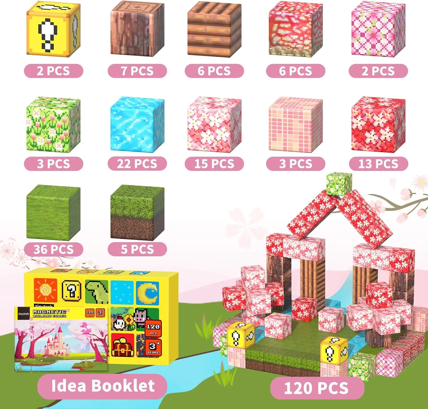 Magnetic Blocks-120PCS Magnets Cubes, Cherry Blossom Magnetic Building Blocks Toddler Toys for Age 3-4 5-7 6-8,STEM Sensory Toys Birthday Gifts for 3  Years Old Boys & Girls