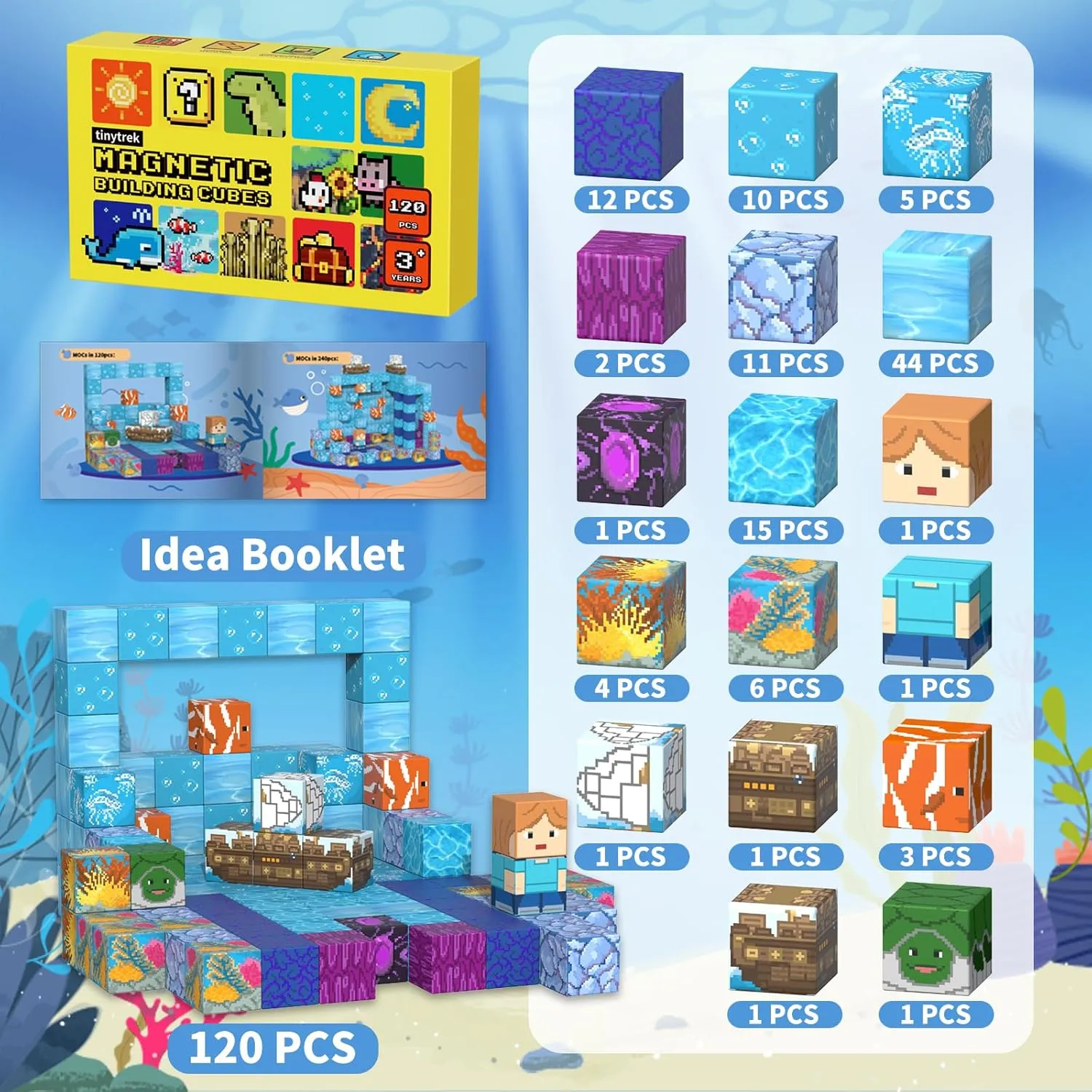 Magnetic Blocks-120PCS Ocean Quest Set，Magnetic Building Blocks Kids Toys for Ages 3 4 5 6 7 8-13 Birthday Gifts，STEM Montessori Sensory Toys for 3  Years Old Boys & Girls