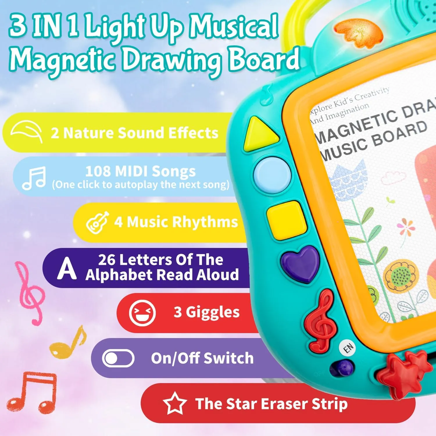 Magnetic Drawing Board, 3IN1 Light Up Musical Doodle Board for Toddler Age 1-2, Educational Learning Toys with 12 Drawing Cards for Kids 2 3 4 5 Girl Boys Birthday (Green)