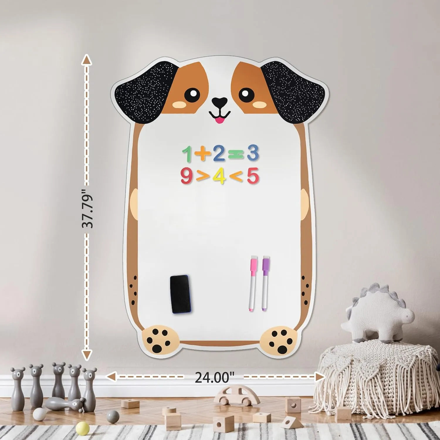 Magnetic Dry Erase Board for Wall 37" x 24", Cute Puppy Magnetic Wall Decal for Kids Playroom, Classroom, Home, School (Cartoon Animals Theme)
