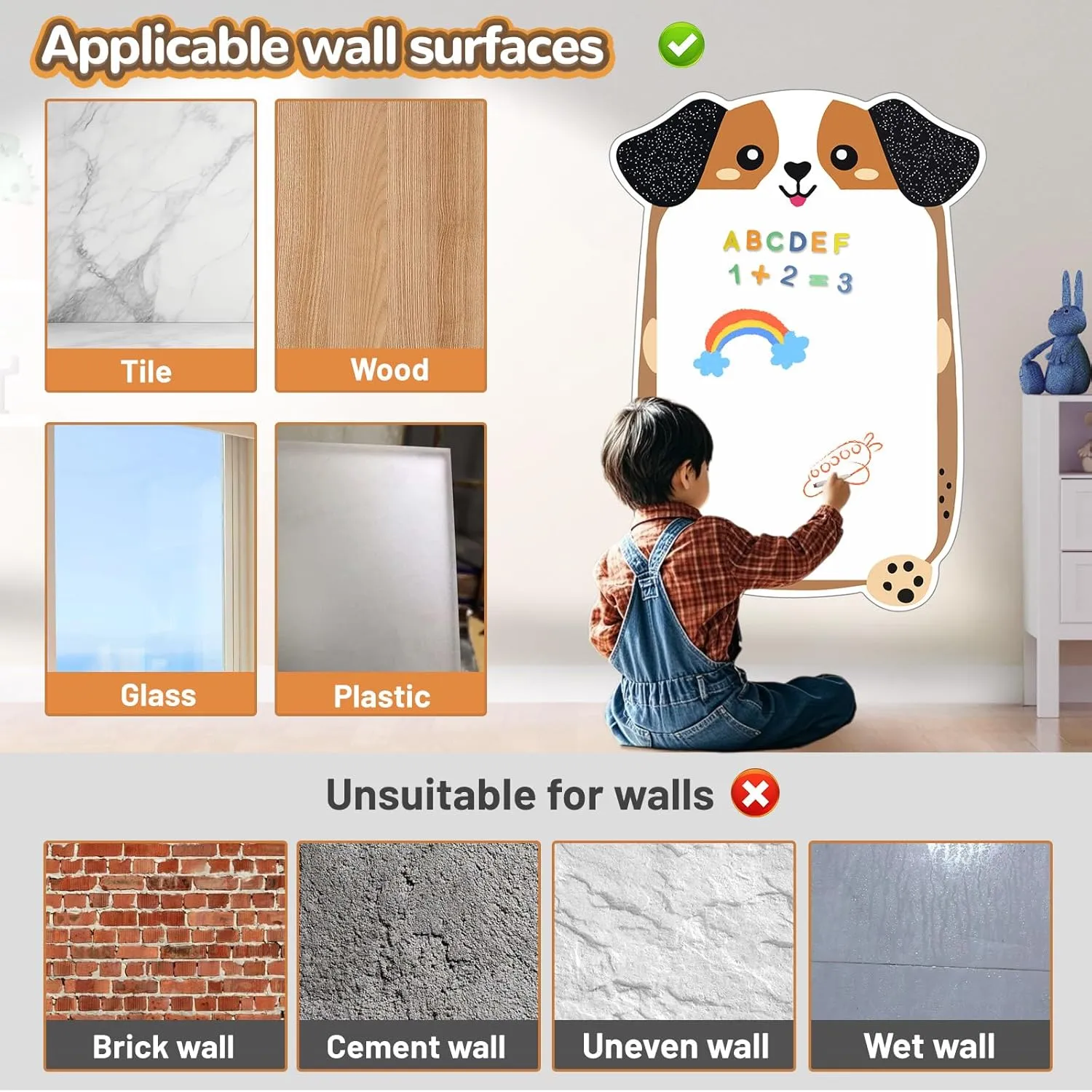 Magnetic Dry Erase Board for Wall 37" x 24", Cute Puppy Magnetic Wall Decal for Kids Playroom, Classroom, Home, School (Cartoon Animals Theme)