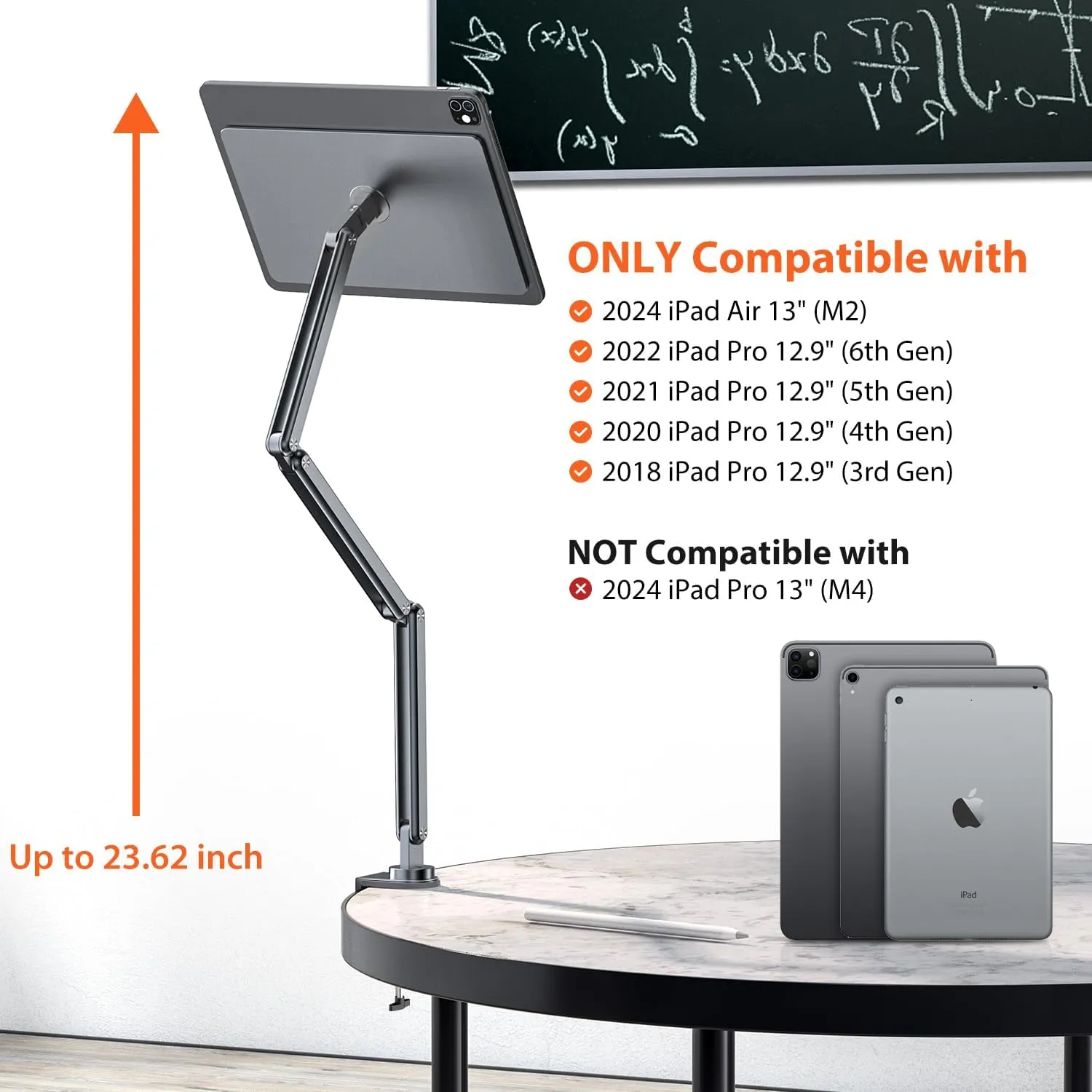 Magnetic iPad Pro 12.9 Stand, Aluminum Alloy Foldable Arm Mount or Working, Multi-Node Adjustable Tablet Holder for iPad Pro 12.9" 3rd/4th/5th/6th Gen-Gray