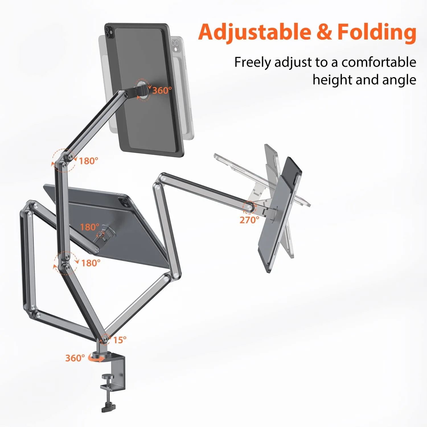 Magnetic iPad Pro 12.9 Stand, Aluminum Alloy Foldable Arm Mount or Working, Multi-Node Adjustable Tablet Holder for iPad Pro 12.9" 3rd/4th/5th/6th Gen-Gray