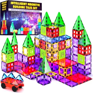 Magnetic Tiles Building Blocks Toy - STEM Educational Magnet Set for Kids, Creativity Preschool Learning Sensory Montessori Toddler Toys for Boys & Girls 3  Years Old - 57PC