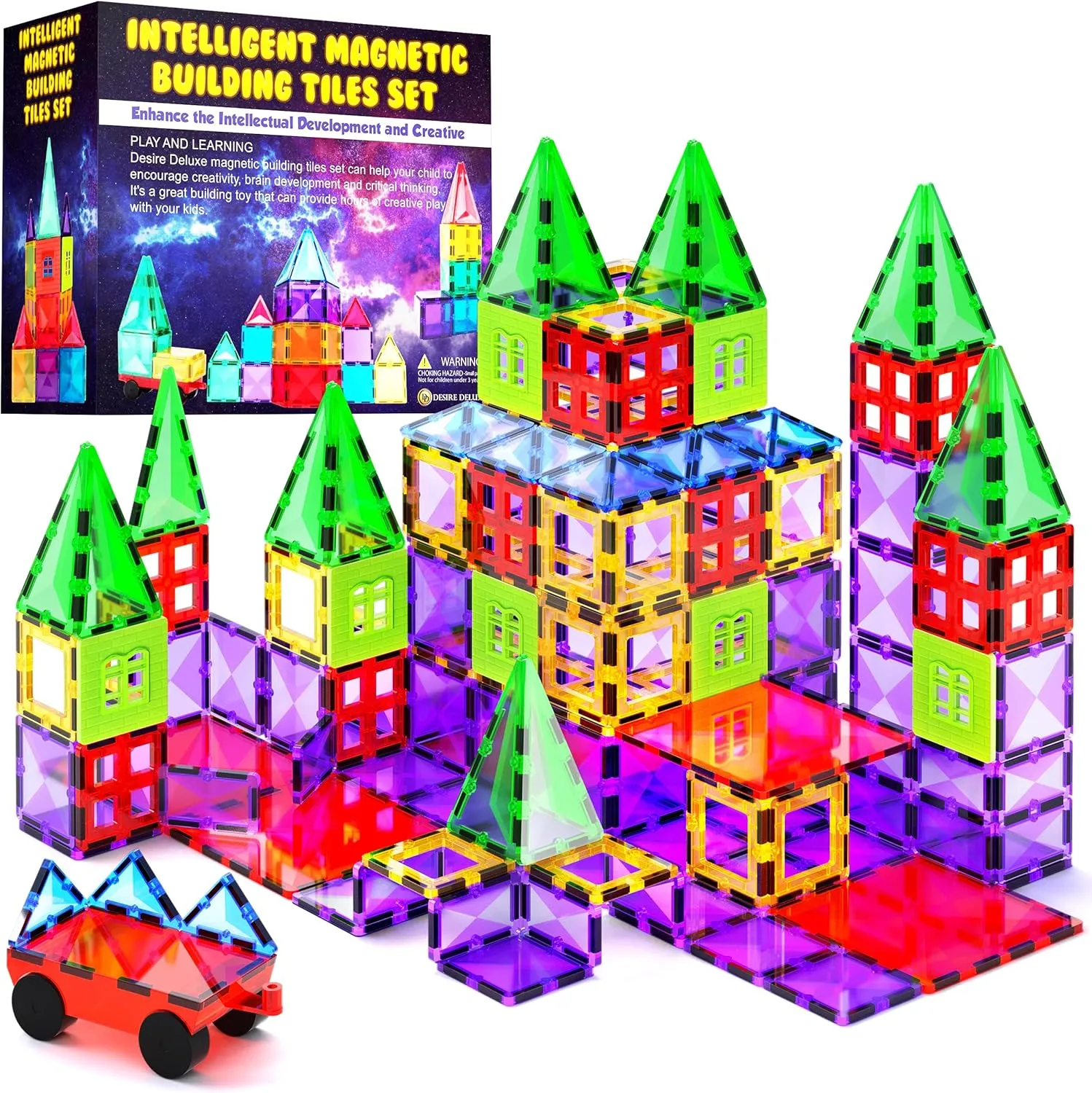 Magnetic Tiles Building Blocks Toy - STEM Educational Magnet Set for Kids, Creativity Preschool Learning Sensory Montessori Toddler Toys for Boys & Girls 3  Years Old - 57PC