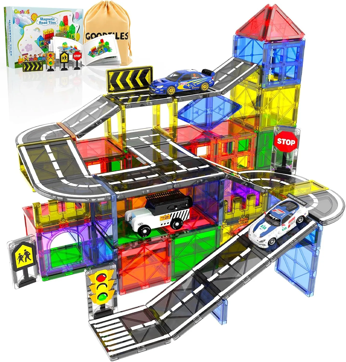 Magnetic Tiles - Road Set, Magnetic Building Blocks, Preschool Montessori Toys Gift for 3  Year Old Boys and Girls, Sensory Travel Toys for Kids Aged 3-5 and 4-8, Ideal for Toddler with Autism