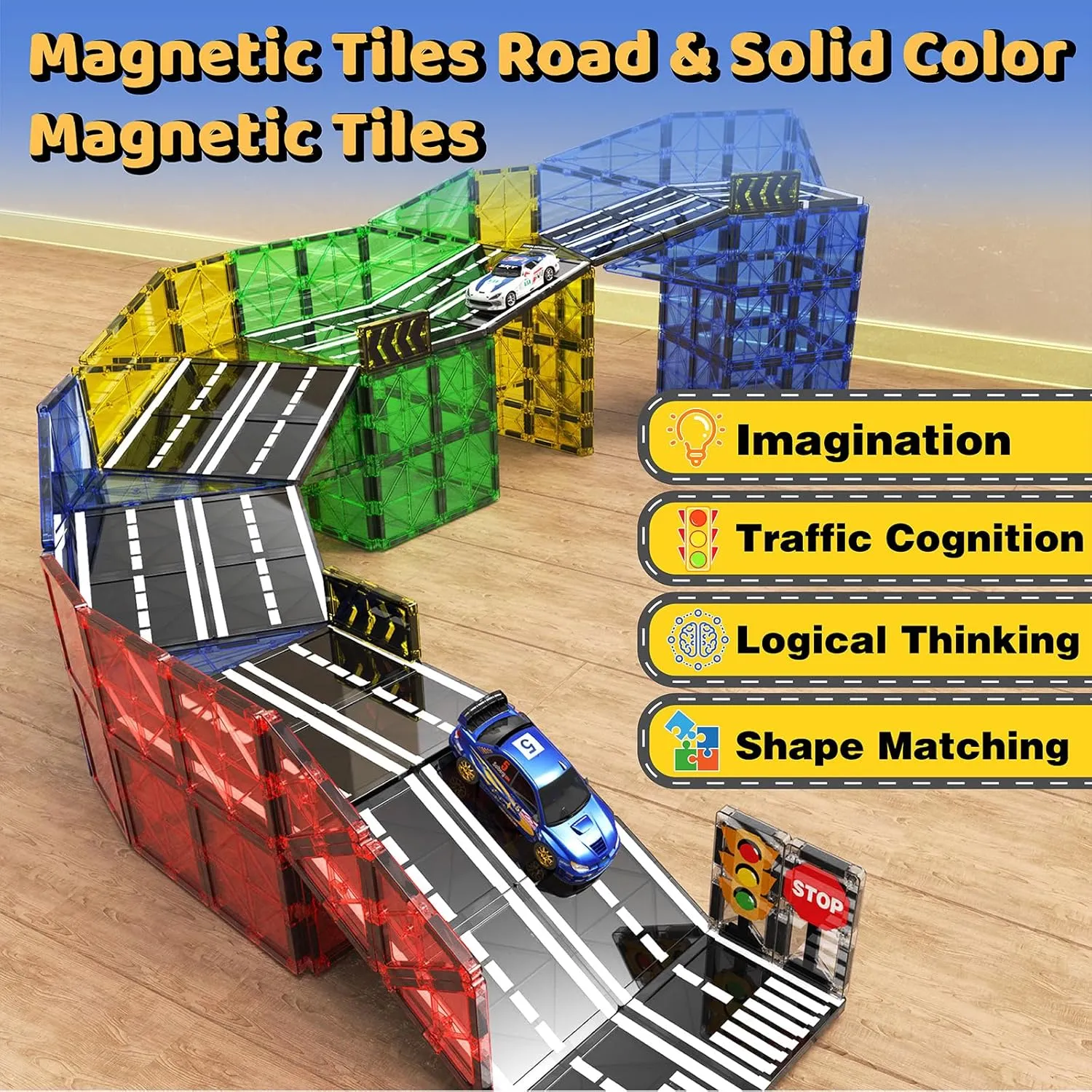Magnetic Tiles - Road Set, Magnetic Building Blocks, Preschool Montessori Toys Gift for 3  Year Old Boys and Girls, Sensory Travel Toys for Kids Aged 3-5 and 4-8, Ideal for Toddler with Autism