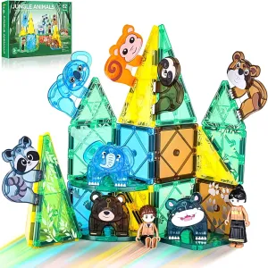 Magnetic Tiles Set, Magnet Blocks Building Toys, Safari Animals Magnetictile for Toddler 3-5, Assembly 3D Structure Jungle & Forest Theme, STEM Learning Toy for Kids Girls,Boys Age 3 4 5 6 7