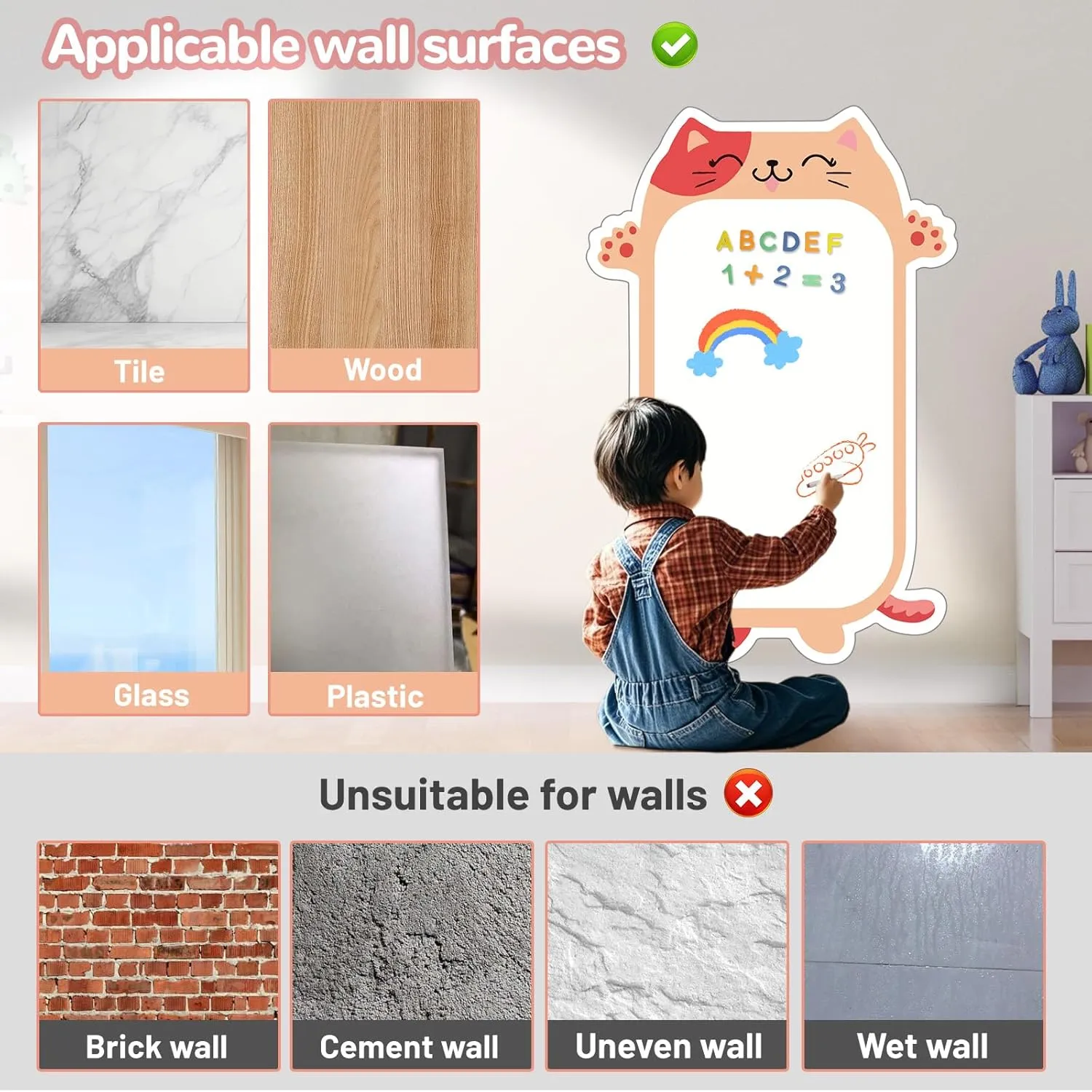 Magnetic White Board for Kids 37" x 24" Dry Erase Board, Self Adhesive Magnetic Wall Decal for Kids Playroom, Classroom, Home, School (Cartoon Animals Theme)