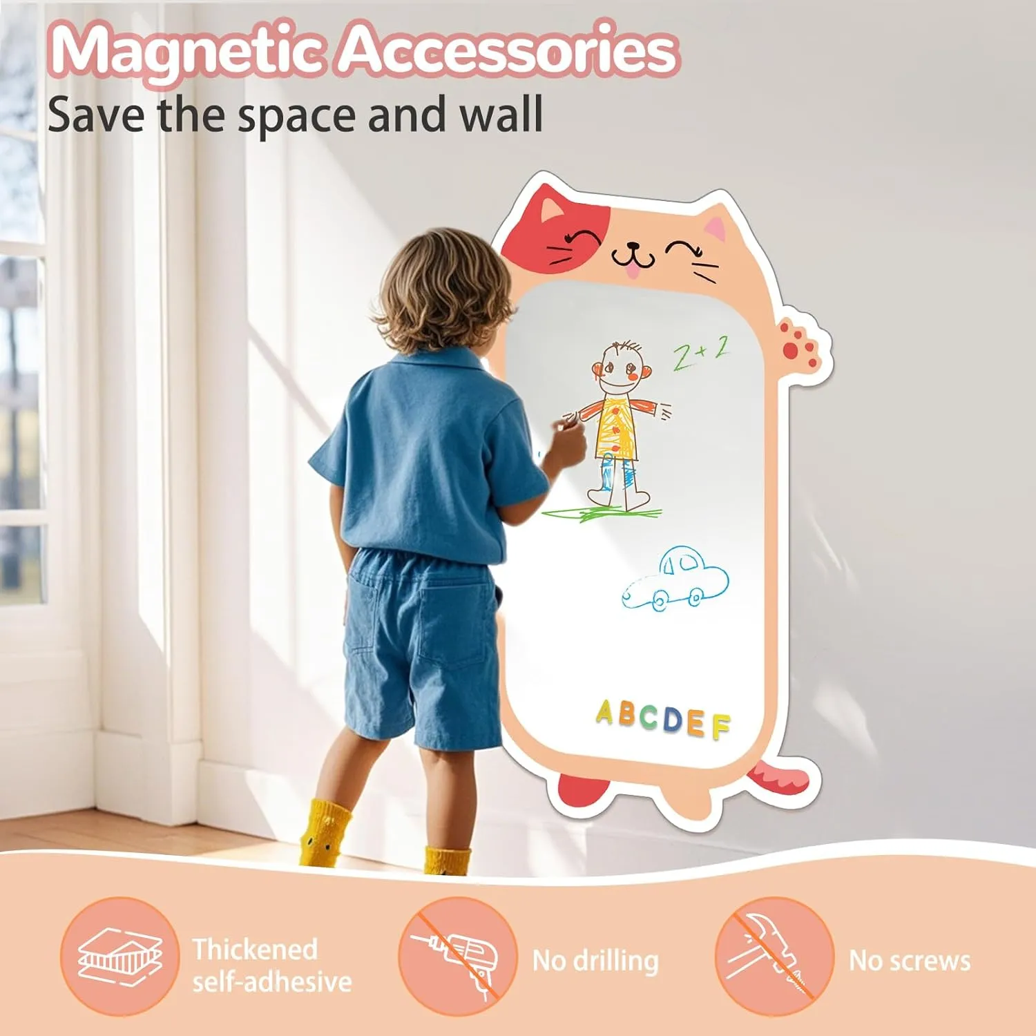 Magnetic White Board for Kids 37" x 24" Dry Erase Board, Self Adhesive Magnetic Wall Decal for Kids Playroom, Classroom, Home, School (Cartoon Animals Theme)