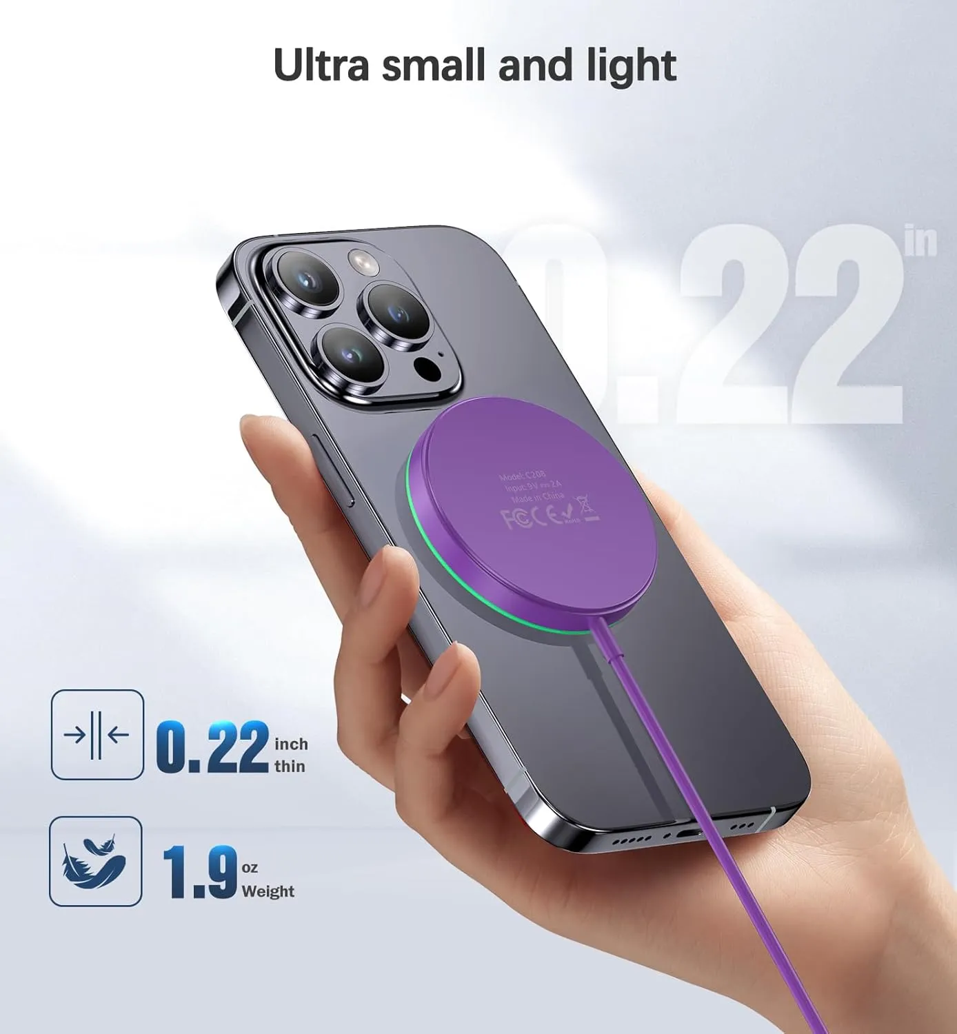 Magnetic Wireless Charger 15W Charger-Fast Charging Pad Compatible with iPhone16/15/14/13/12 Series & Airpods 2 3 Pro-LED Pad with Dual Charging Ports Original Replacement（Purple）