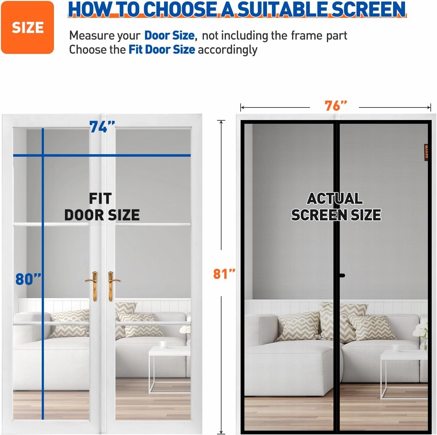 MAGZO Magnetic Screen Door Fit Door Size 74 x 80 Inch, Screen Size 76" x 81" Strong Magnet French Style Mesh, Heavy Duty Fiberglass Mesh with Hook & Loop for Sliding Entrance, Gray