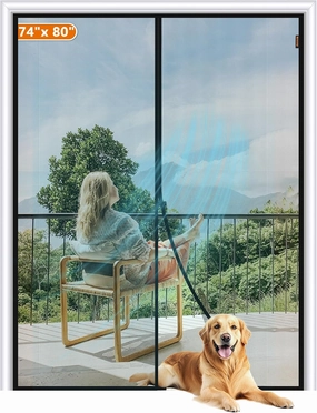 MAGZO Magnetic Screen Door Fit Door Size 74 x 80 Inch, Screen Size 76" x 81" Strong Magnet French Style Mesh, Heavy Duty Fiberglass Mesh with Hook & Loop for Sliding Entrance, Gray