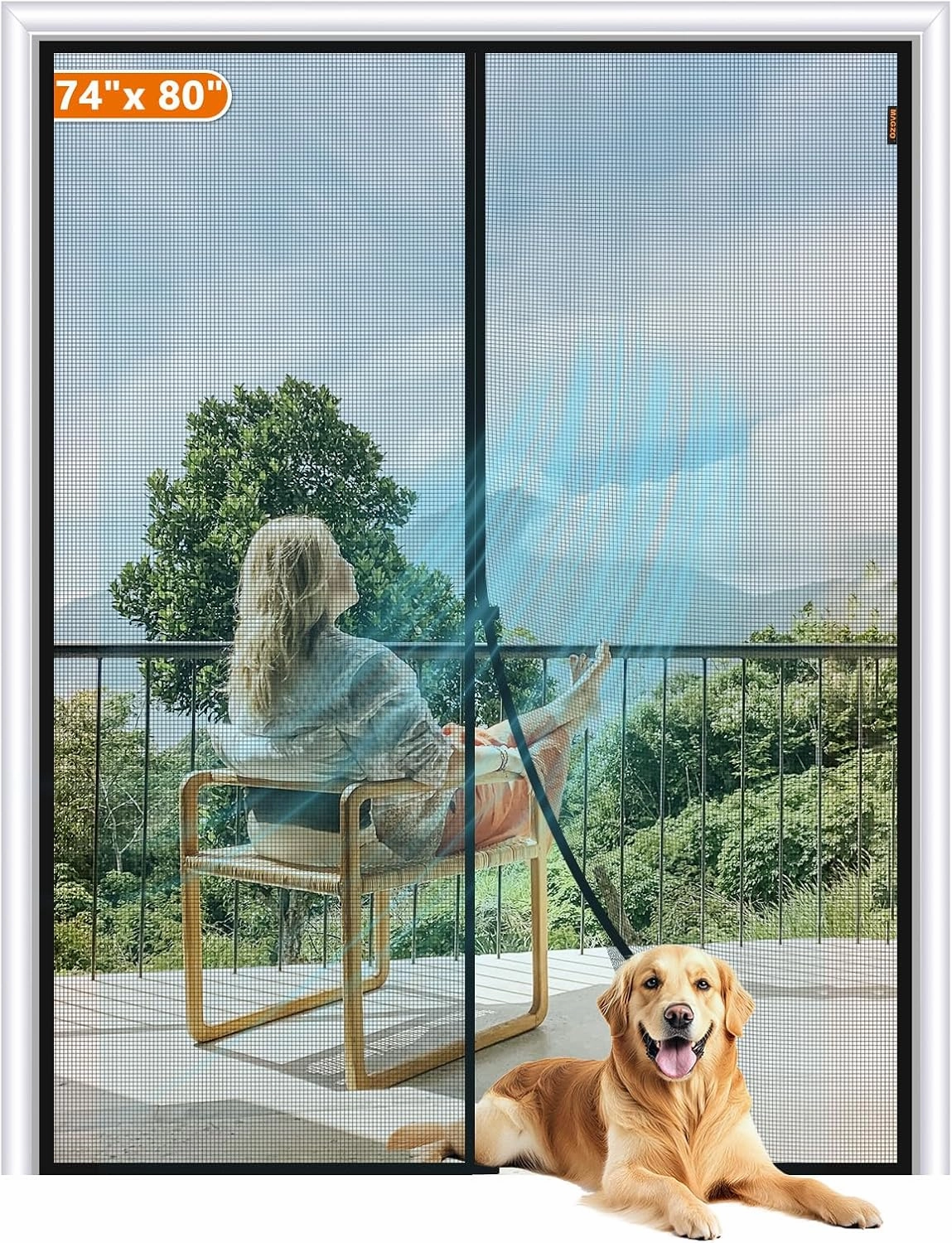 MAGZO Magnetic Screen Door Fit Door Size 74 x 80 Inch, Screen Size 76" x 81" Strong Magnet French Style Mesh, Heavy Duty Fiberglass Mesh with Hook & Loop for Sliding Entrance, Gray