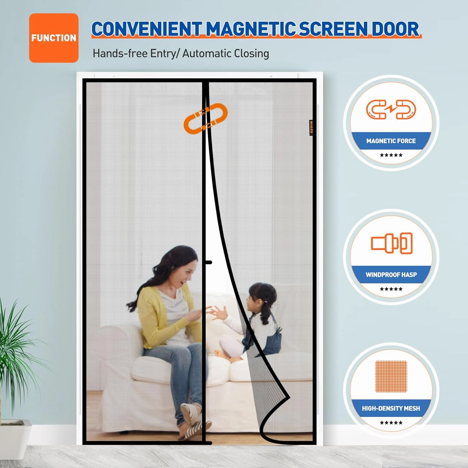 MAGZO Magnetic Screen Door Fit Door Size 74 x 80 Inch, Screen Size 76" x 81" Strong Magnet French Style Mesh, Heavy Duty Fiberglass Mesh with Hook & Loop for Sliding Entrance, Gray