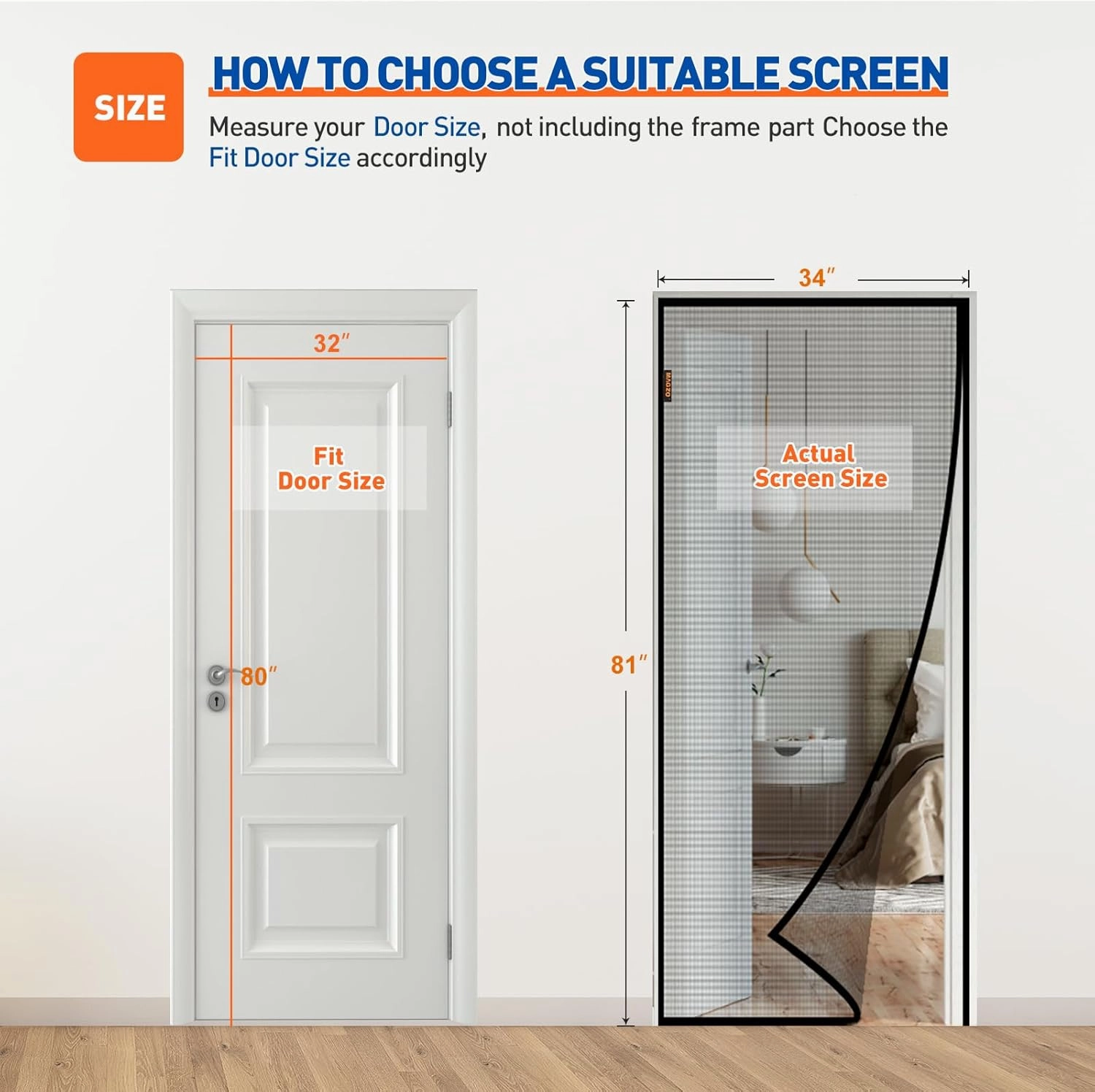 MAGZO Magnetic Screen Door Fits Door Size 32 x 80 Inches, Actual Screen Size 34" x 81" Heavy Duty Side Opening Screen Curtain Air Circulation Broader View-Black