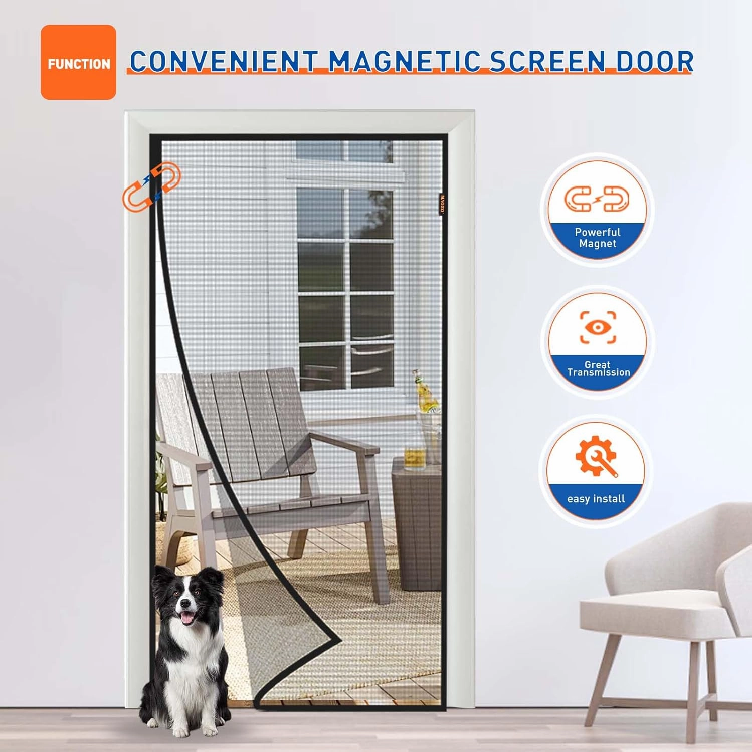 MAGZO Magnetic Screen Door Fits Door Size 32 x 80 Inches, Actual Screen Size 34" x 81" Heavy Duty Side Opening Screen Curtain Air Circulation Broader View-Black