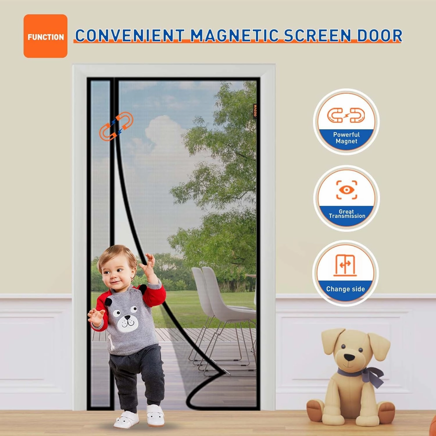 MAGZO Magnetic Screen Door Side Opening, Fits Door Size 32 x 80 Inch, Actual Mesh Size 34" x 81", Fiberglass Net Screen with Strong Magnet for Doorway, Gray