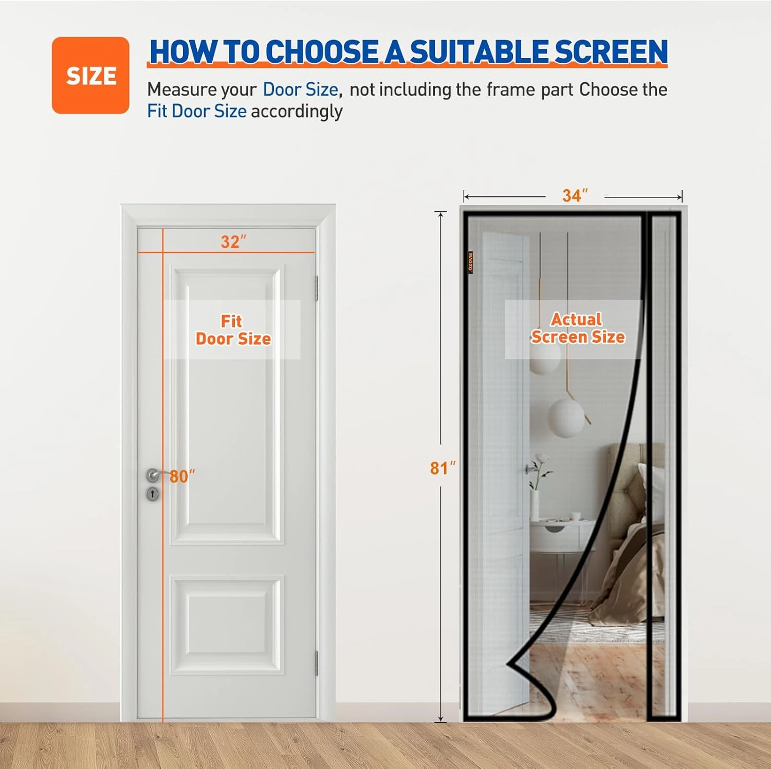 MAGZO Magnetic Screen Door Side Opening, Fits Door Size 32 x 80 Inch, Actual Mesh Size 34" x 81", Fiberglass Net Screen with Strong Magnet for Doorway, Gray