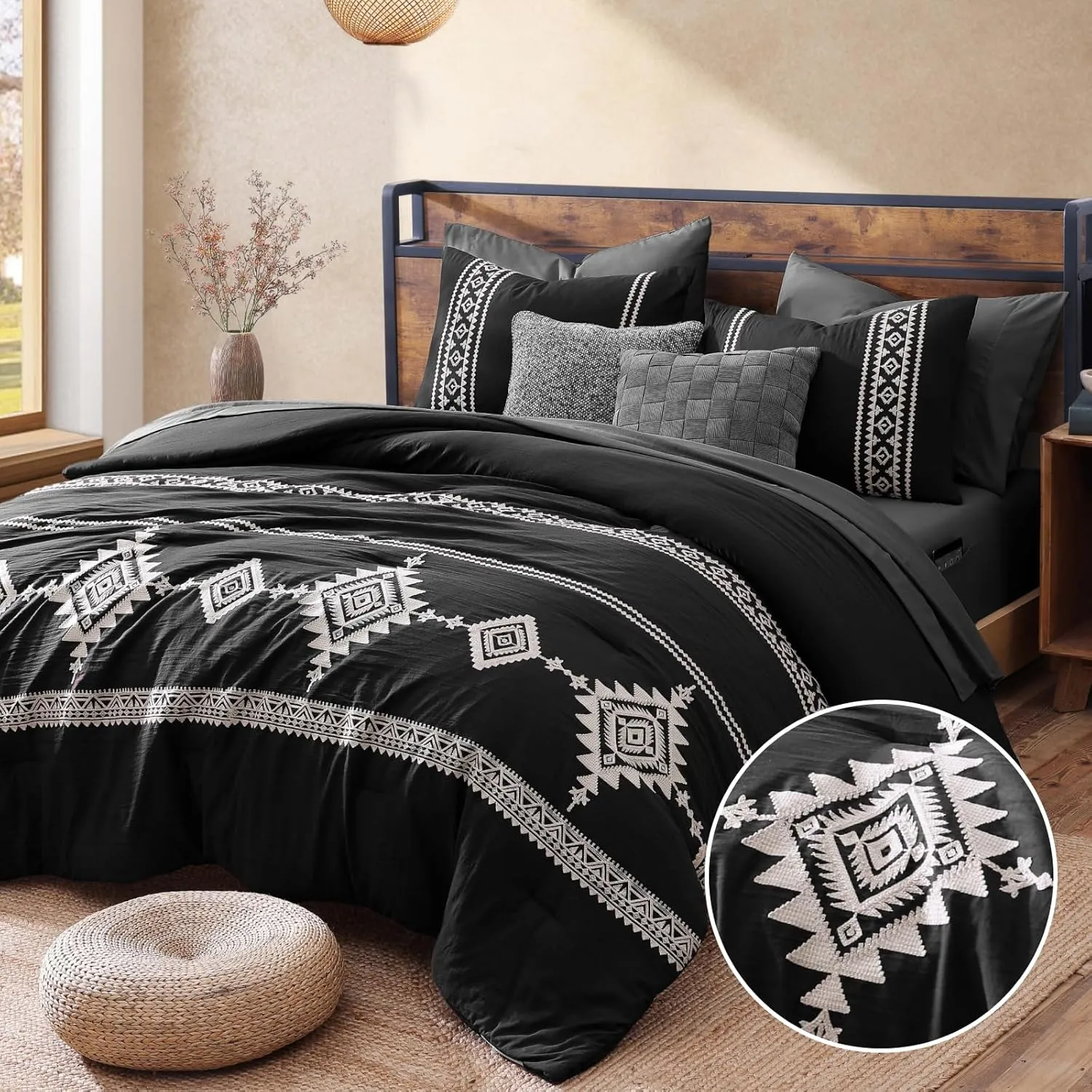 MAIREVE Embroidery Queen Size Comforter Set Black, Boho Farmhouse Western Bedding Set 7 Pieces, All Season Bed in A Bag Comforter Set with Sheets, Pillowcases & Shams