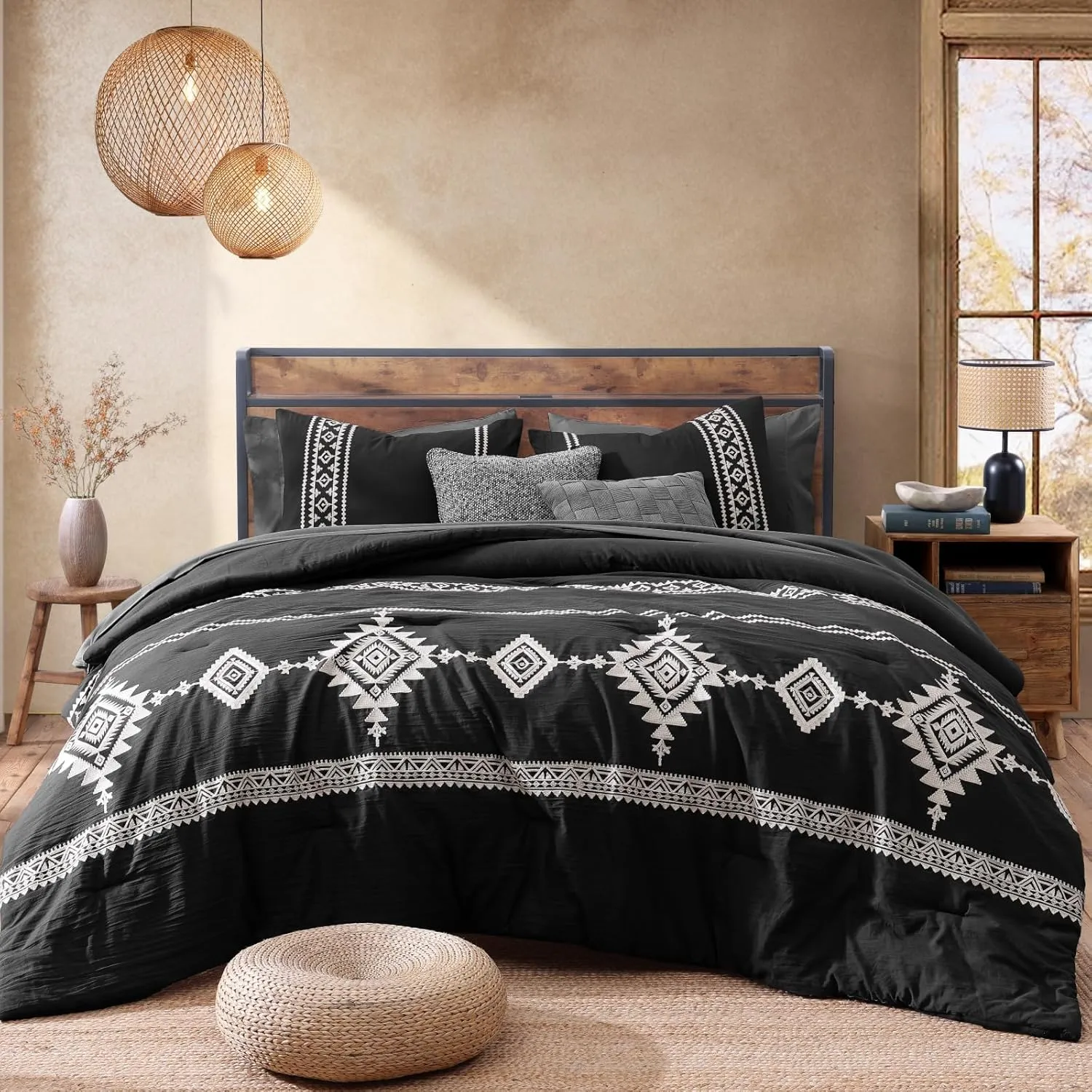 MAIREVE Embroidery Queen Size Comforter Set Black, Boho Farmhouse Western Bedding Set 7 Pieces, All Season Bed in A Bag Comforter Set with Sheets, Pillowcases & Shams
