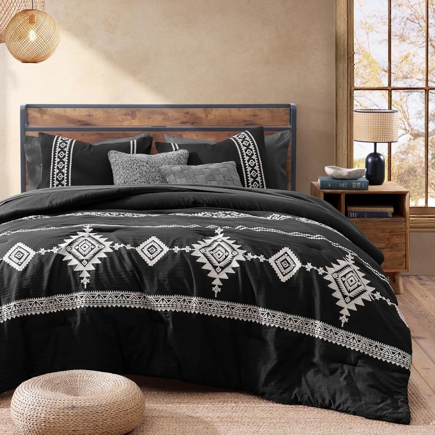 MAIREVE Embroidery Queen Size Comforter Set Black, Boho Farmhouse Western Bedding Set 7 Pieces, All Season Bed in A Bag Comforter Set with Sheets, Pillowcases & Shams