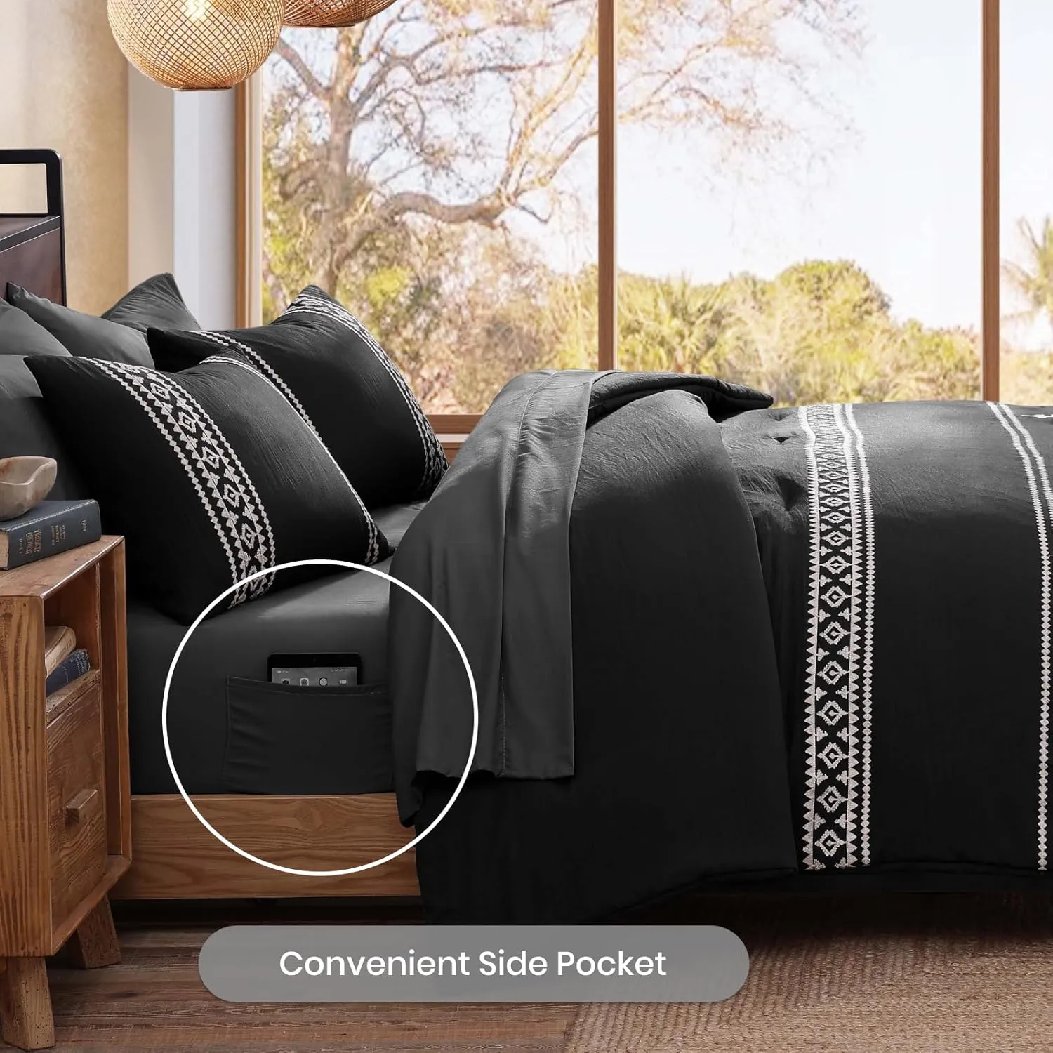 MAIREVE Embroidery Queen Size Comforter Set Black, Boho Farmhouse Western Bedding Set 7 Pieces, All Season Bed in A Bag Comforter Set with Sheets, Pillowcases & Shams