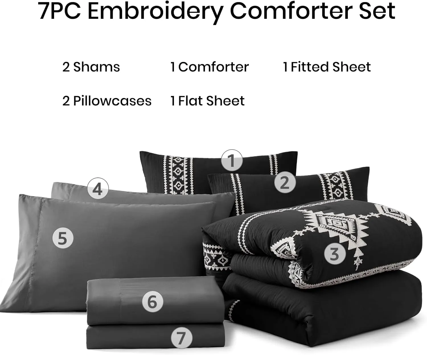 MAIREVE Embroidery Queen Size Comforter Set Black, Boho Farmhouse Western Bedding Set 7 Pieces, All Season Bed in A Bag Comforter Set with Sheets, Pillowcases & Shams
